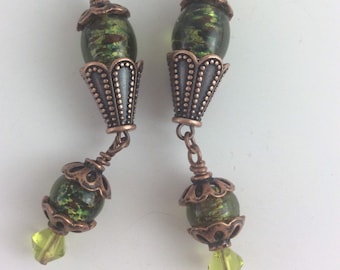 Copper and green glass lever back earrings, statement earrings