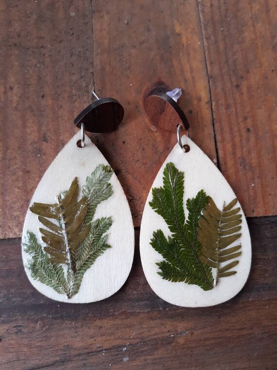 Decoupaged teardrop wood earrings with real dried pressed ferns