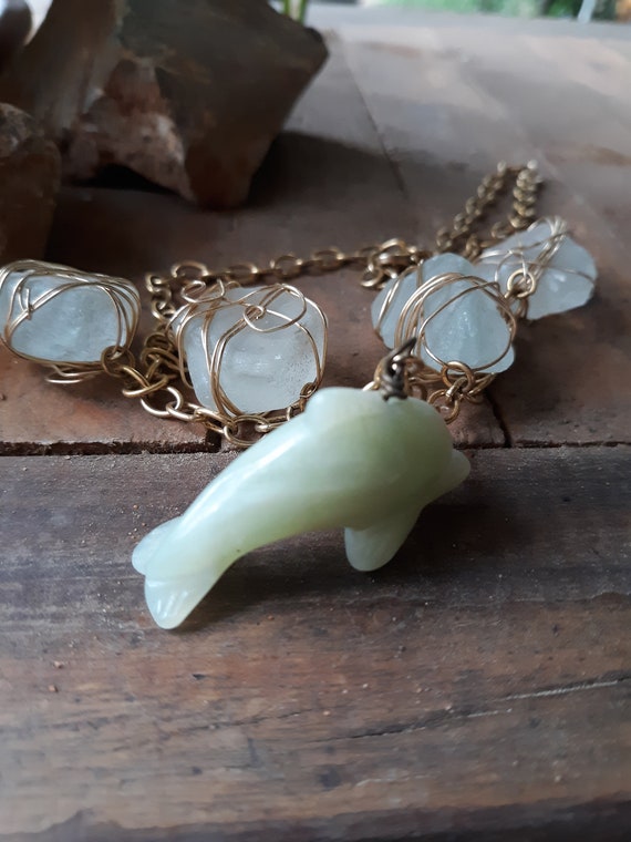 Mermaid beauty jade dolphin and sea glass necklace with gold wire wrap,  beach jewelry, beach wedding necklace