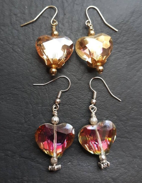 Iridescent heart earrings in silver or gold colors, shimmering heart crystals