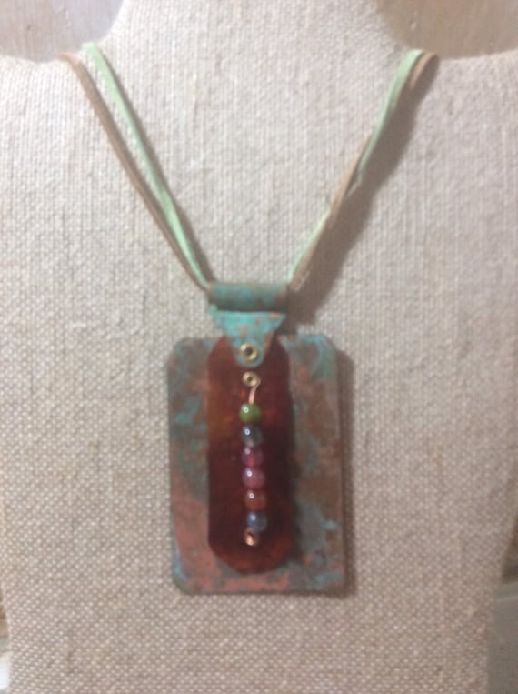 Copper pendant necklace with agate and leather, cold connection, alcohol ink