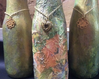 Altered decorated bottle set in green, pink, purple and gold with gold charms, decorative bottle, decoupaged bottle