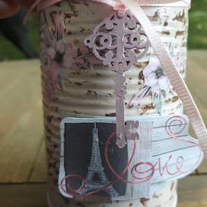 Reclaimed altered tin can art, decoupaged tin can, pink, altered, brush holder, planter, flower vase, storage solution, cottage or gran core
