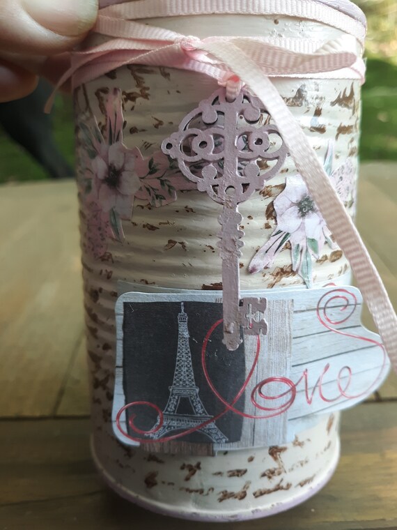 Reclaimed altered tin can art, decoupaged tin can, pink, altered, brush holder, planter, flower vase, storage solution, cottage or gran core