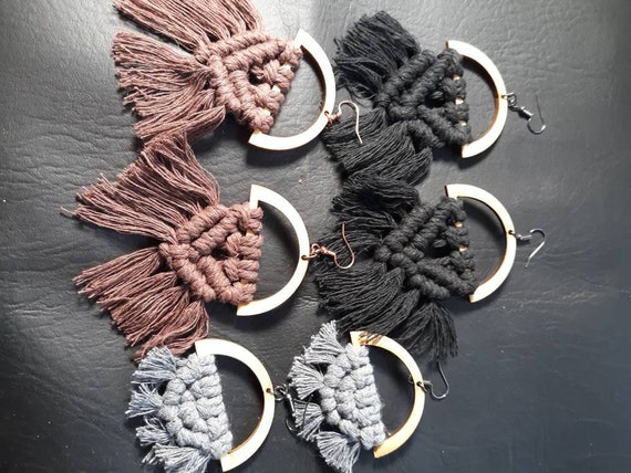 Macrame fringe earrings on wood crescents, tassel earrings, cotton cord, boho style