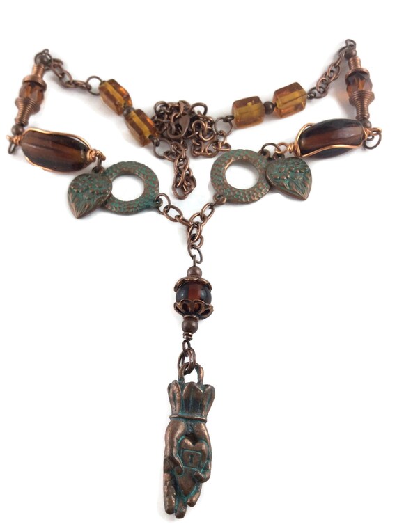 Long necklace with a copper patina , honey color glass, and copper necklace, fall jewelry
