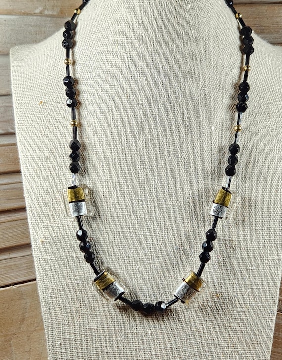 Upcycled glass bead necklace set, glass round faceted rounds, lamp work beads are gold, silver and black, new gold color parts