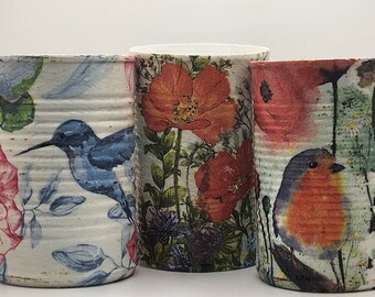 Decoupaged tin can with durable acrylic sealant, choice of two different birds, pen holder, brush holder, planter, vase