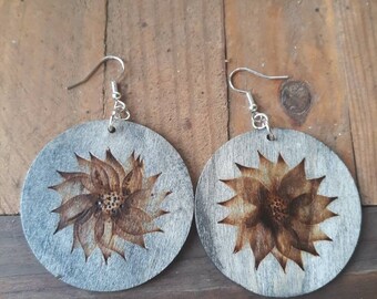 Wood burned floral earrings