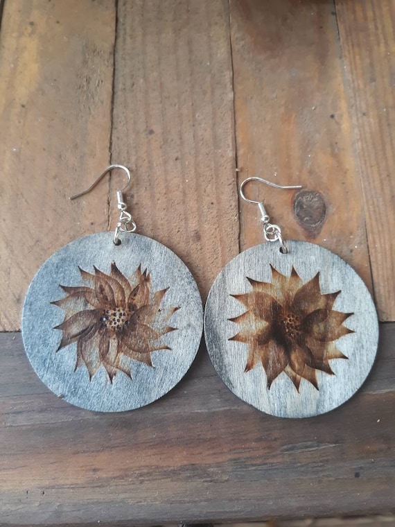 Wood burned floral earrings
