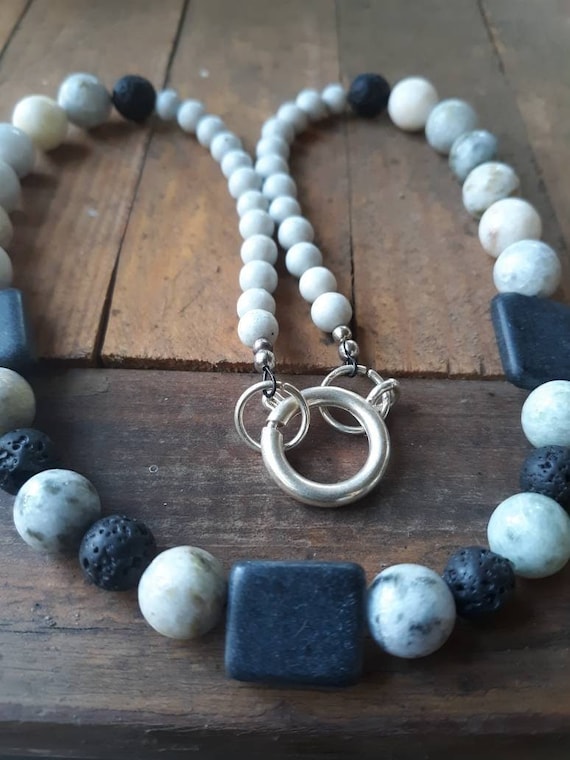 Lava stone, black onyx and serpentine beaded unisex necklace, diffusion necklace