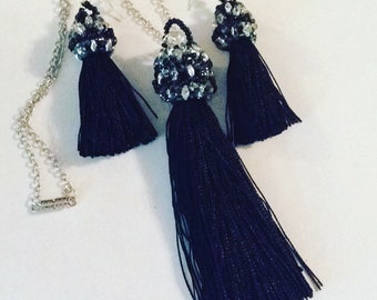 Black tassel fringe necklace and earrings with crystals ,silver tone chain, hand sewn bead caps