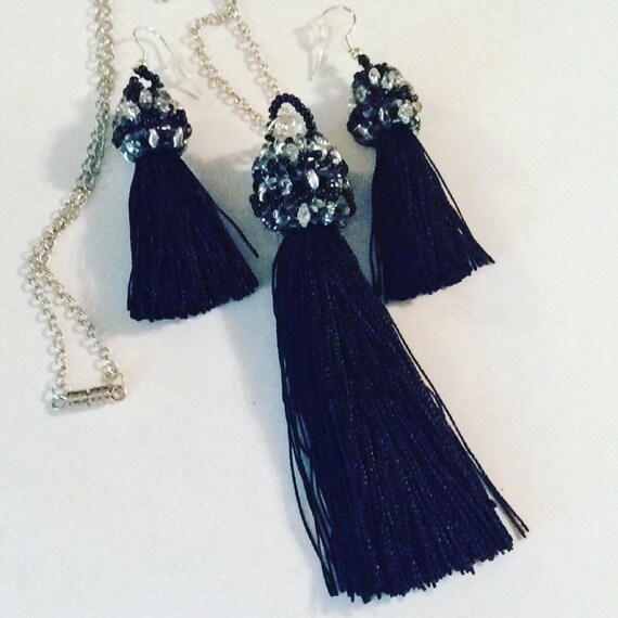 Black tassel fringe necklace and earrings with crystals ,silver tone chain, hand sewn bead caps