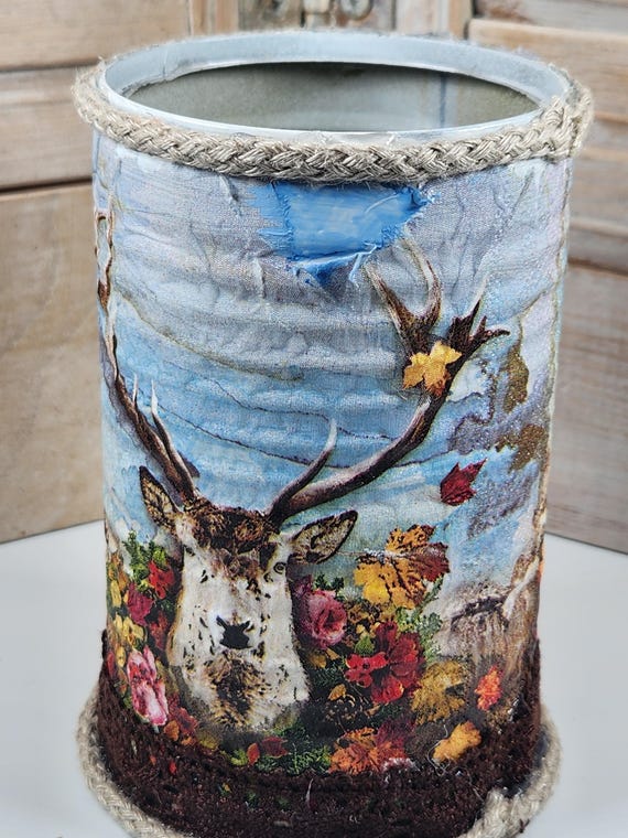 Altered tin can, it features a lovely deer, decoupaged, trimmed, storage, vase, planter