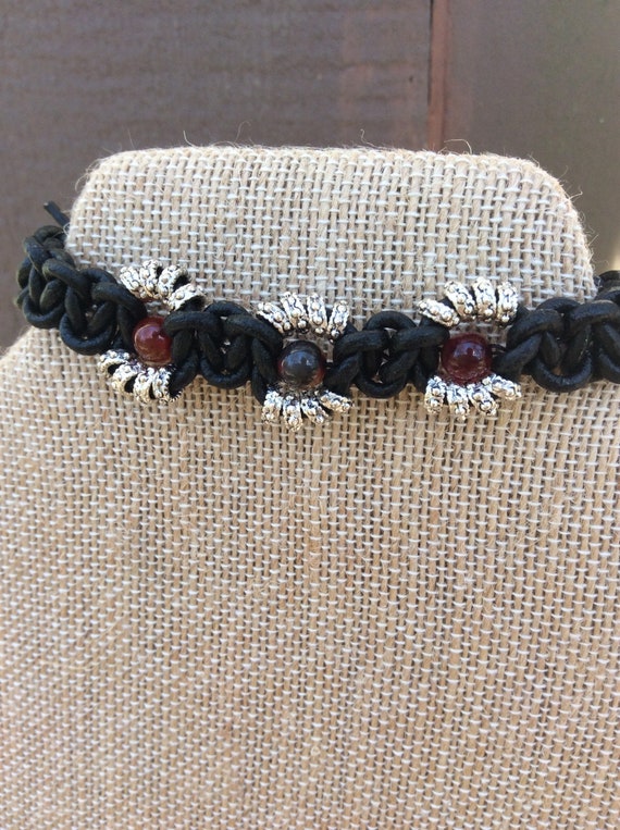 Black leather macrame bracelet with genuine red jasper and silver tone spacers, man bracelet, unisex bracelet