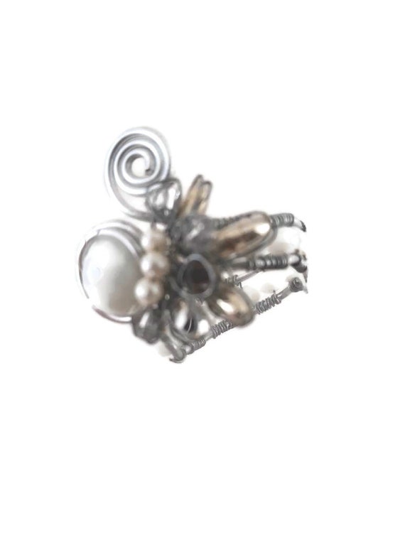 Adjustable beaded statement ring in white and silver, wire wrapped ring