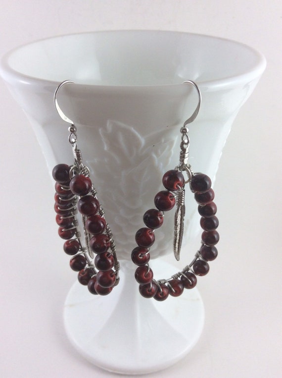 Red wire wrap, nickel free hoop earrings with silver tone feather, red quartz. earrings for mom, friend, daughter, statement earrings