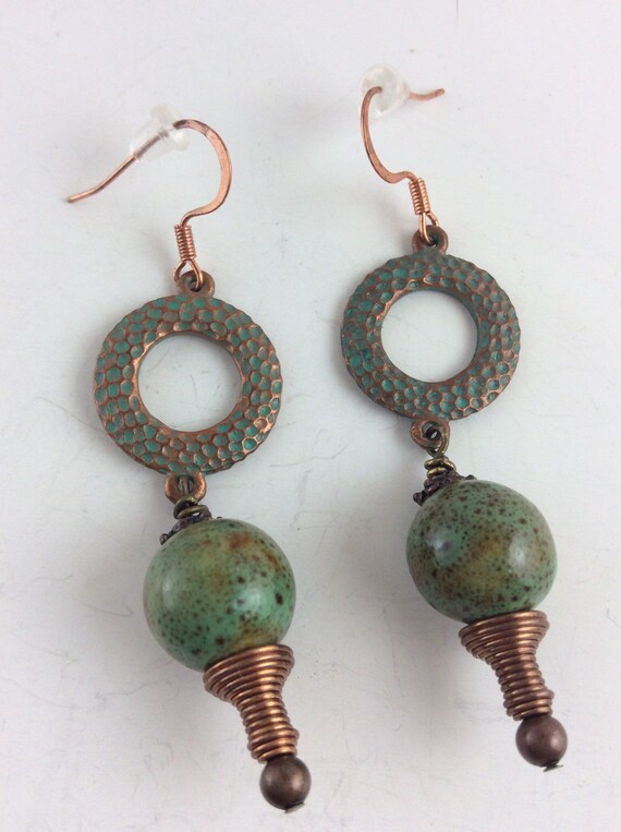 Copper beaded drop earrings with copper patina discs, statement earrings