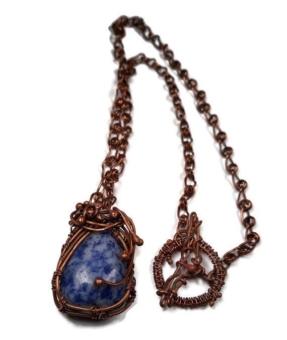 Copper and gemstone pendant artisan necklace with handmade chain and clasp, blue gemstone, statement necklace