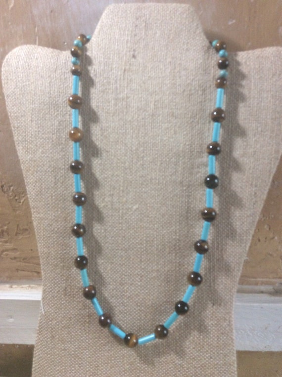 Unisex necklace with genuine tiger eye and magnesite stone beads, Southwestern style