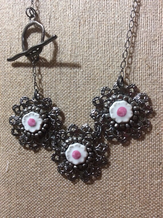 White flowers and gunmetal necklace, branch toggle closure, white ceramic flowers with pink centers