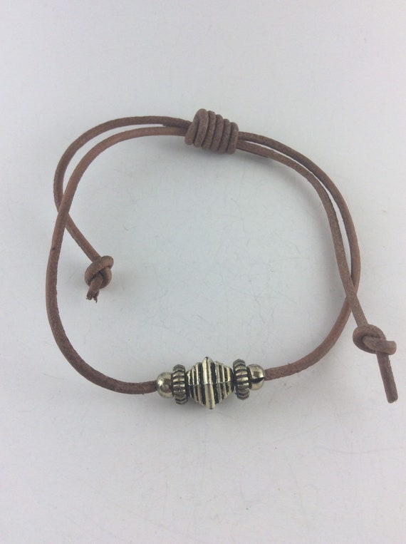 Leather cord bracelet with metal beads, sliding knot, men's bracelet  unisex bracelet