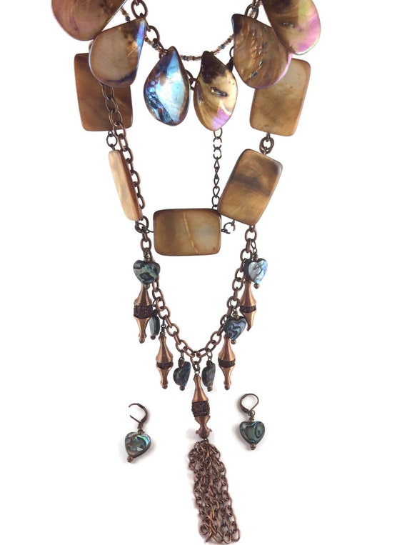 Copper and abalone shell statement necklace set, beach inspired, with beautiful copper coils, natural seeds and chain tassel, 30" long