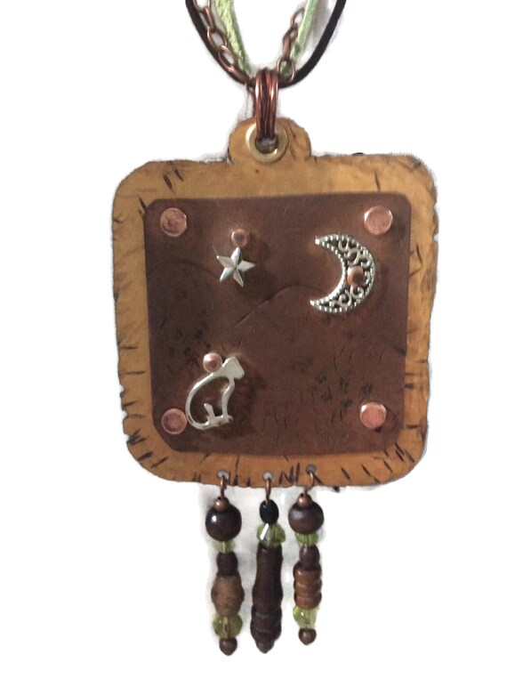 Artisan necklace with copper cat pendant, moon and star, kitty gazing at the moon, wood, glass and copper beads, leather cord copper chain.