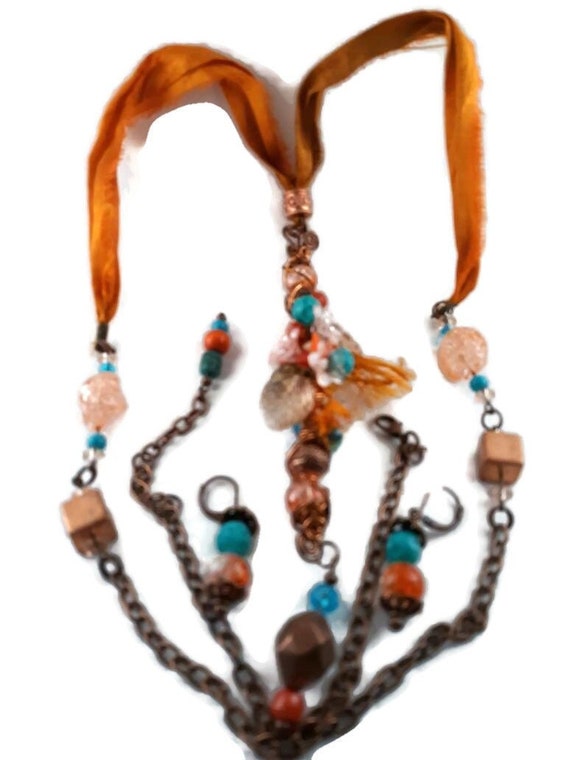 Long statement necklace with earrings ,sari silk ,copper, teal and orange,34" in length.