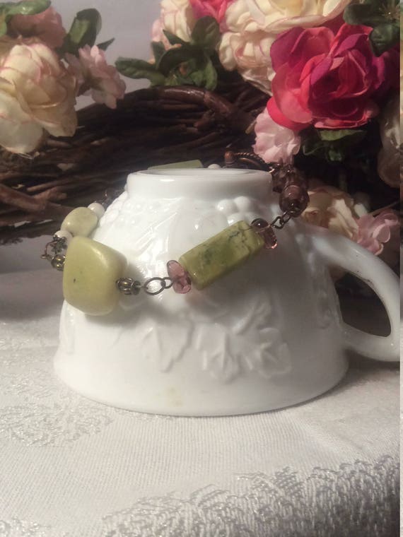 Bracelet with natural serpentine stone and glass beads ,copper toggle