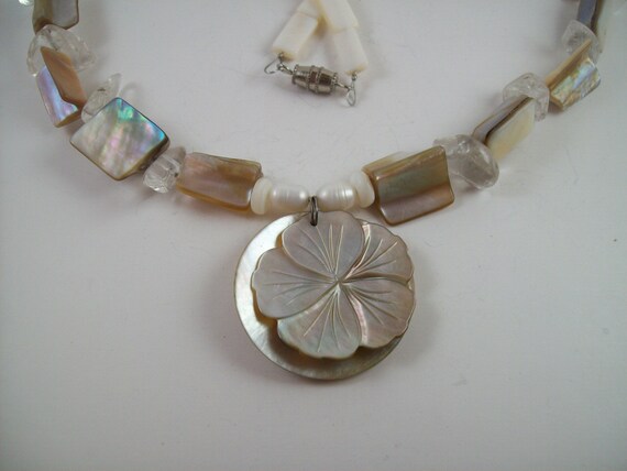 choker style beach necklace with mother of pearl nuggets and pendant, quartz nuggets, mermaid necklace