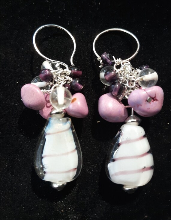 Sterling silver purple cluster earrings, lamp work glass focal, gem stone chips, gift for mom, girlfriend, daughter