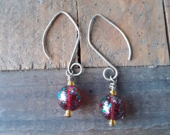 Earrings with lamp work bead, silver plate wires
