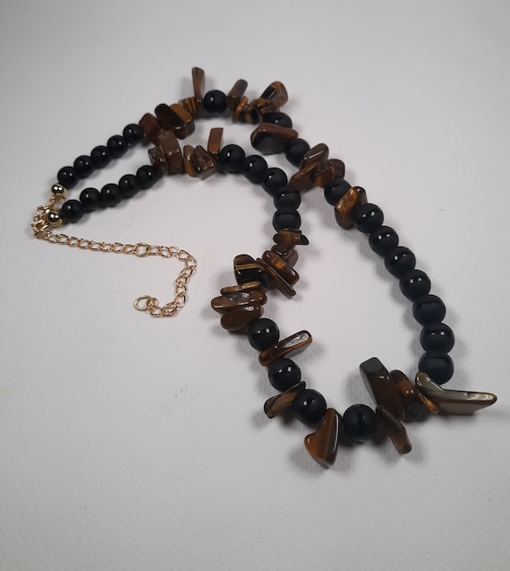 Tiger eye and onyx stone necklace, matte onyx with polished accent and large tiger eye nuggets and chips, unisex necklace, man necklace