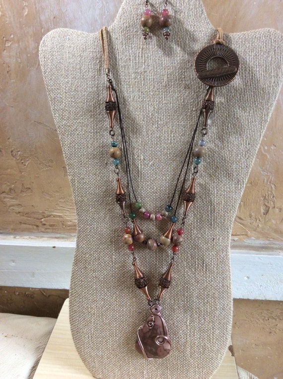 Artisan necklace with genuine stone, suede, seeds, copper necklace and earrings, Fall colors, long layered necklace