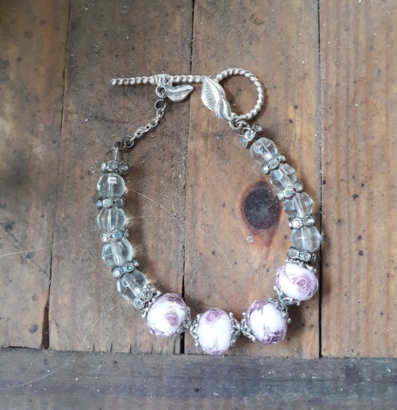 Pink rose and crystal bracelet