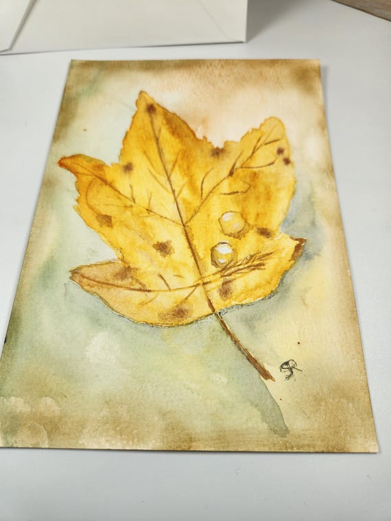 Postcard type greeting card, original art, NOT A PRINT, leaf on watercolor paper blank on backside, comes in an envelope