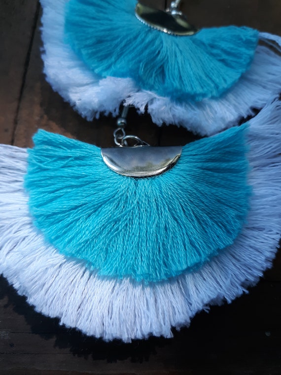 Blue and white fan tassel or fan fringe earrings, boho style gypsy earrings