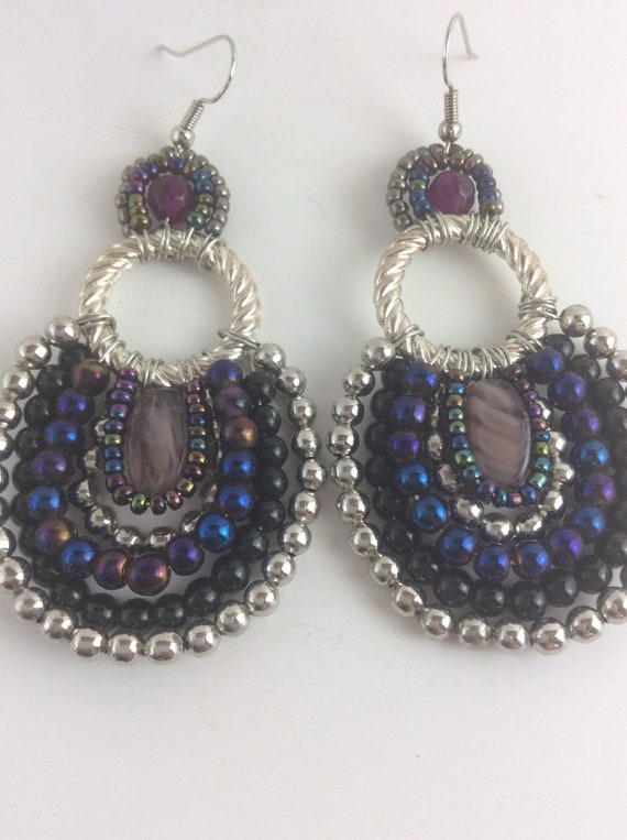 Purple and iridescent glass beads earrings, silver tone beads, silver tone rings, statement earrings
