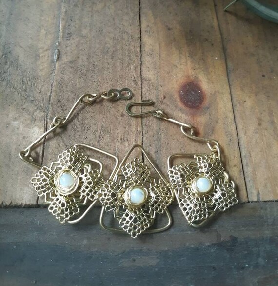 Brass geometric bracelet in free form  with mother of pearl beads and handmade chain,wedding bracelet