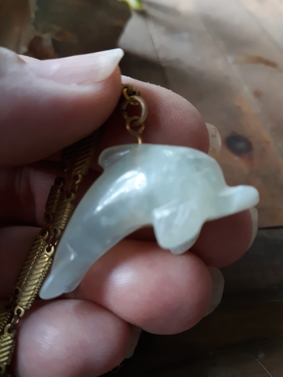 Beach inspired new jade dolphin pendant necklace with jade colored beaded chain, brass chain, mermaid inspired necklace