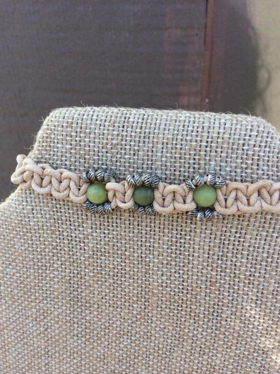 Natural leather macrame bracelet, green gemstones, metal beads, unisex, man bracelet