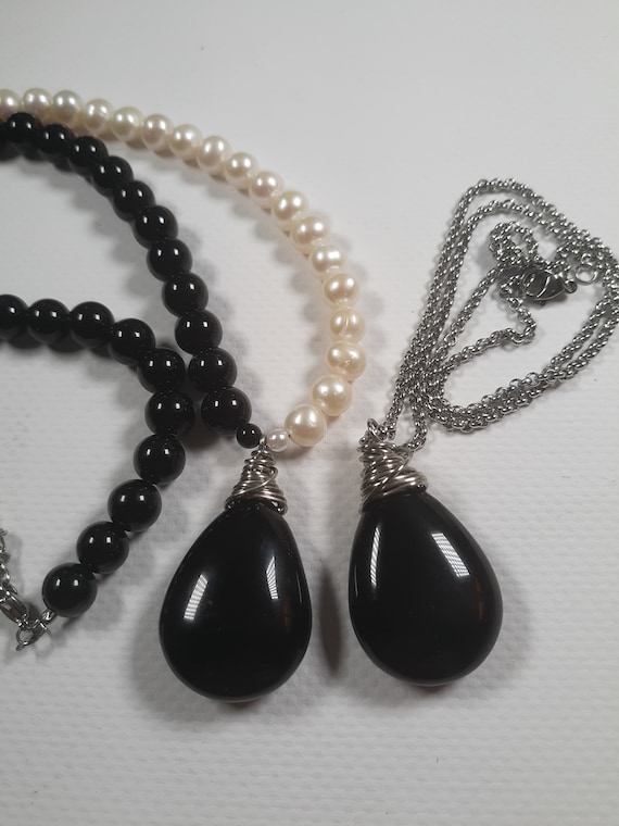Genuine onyx pendant necklaces, choice of three styles, all 340 stainless steel metal, onyx, pearl, quartz, stainless steel