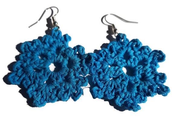 Blue crochet earrings, cotton with silver color ear wires