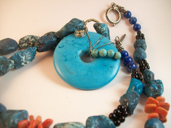 Southwestern style turquoise necklace with silver accents, 30" long stackable beaded necklace