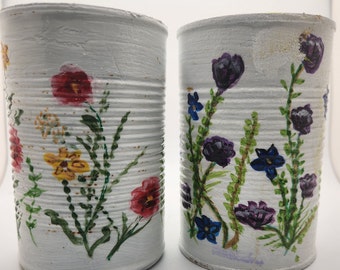 Hand painted altered tin cans, acrylic paint with protective sealant flowered tin can for brush holder, pen holder, rustic decor