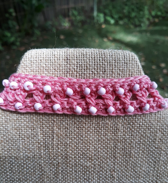 Pink crochet lace beaded choker in 100% cotton with pink beads and a button closure is a boho gypsy style choker