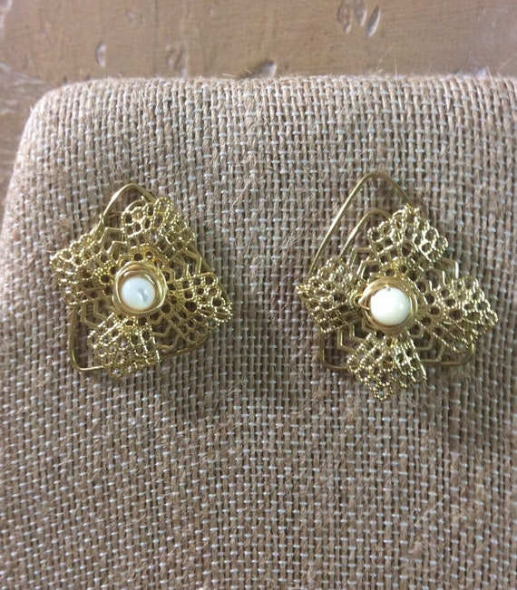 Brass geometric stud earrings, free form wire work, mother of pearl beads,wedding earrings