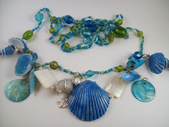 Hand painted ocean blue sea shell statement necklace/anchor/silver/mermaid necklace, long beaded necklace for layering