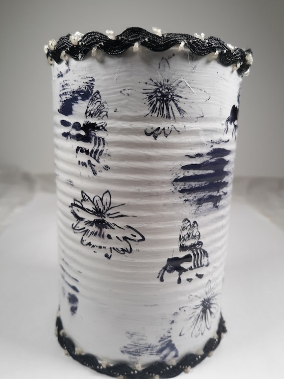 Reclaimed, upcycled, altered tin can planter, flower vase, herb planer, succulent planter, brush or pencil holder shows love of bees